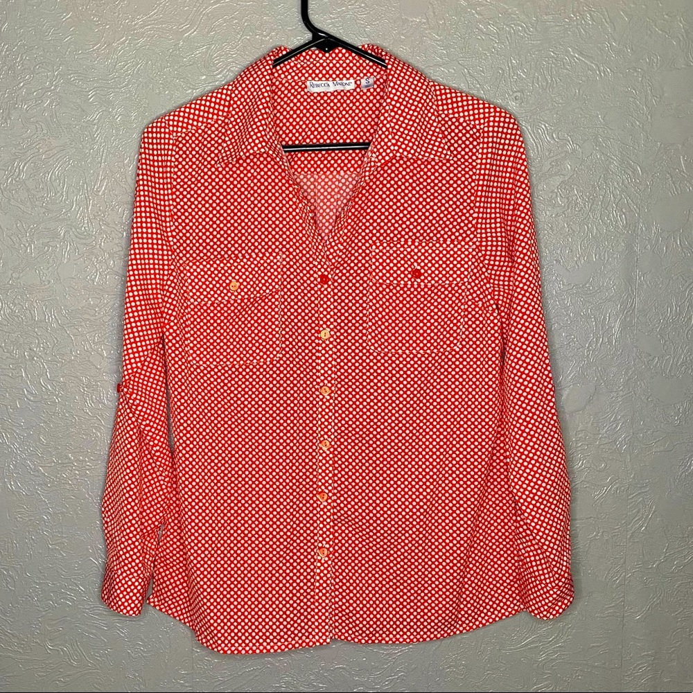 Red and white polka dot button down shirt